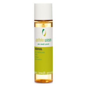 Flasche mit Körperöl, die fünf natürliche Öle enthält, in klarer Verpackung und hellgrüner Beschriftung.