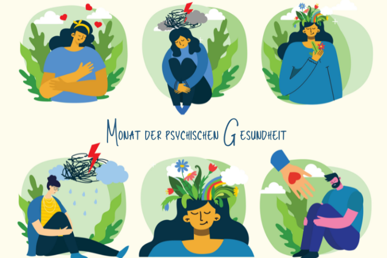 Illustration zum Monat der psychischen Gesundheit mit sechs Szenen, die emotionale Themen und Selbstfürsorge darstellen.