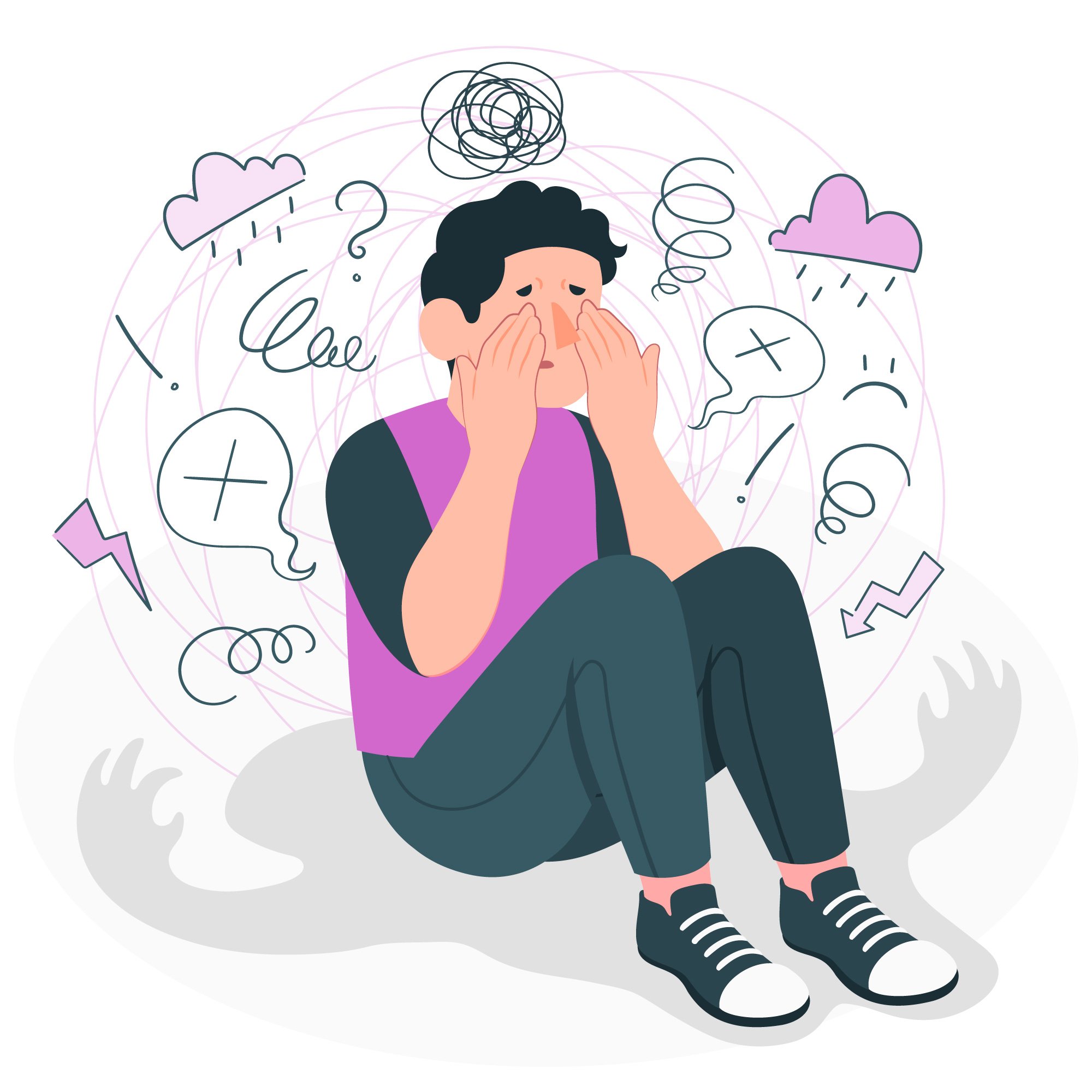 Eine Person sitzt mit gesenktem Kopf und Händen im Gesicht, umgeben von wirren Gedanken und Symbolen von Stress.