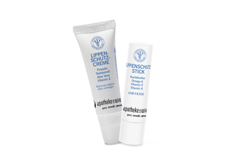 Lippenschutz-Creme und Lippenschutz-Stick in weißen Verpackungen, beide mit pflegenden Inhaltsstoffen.