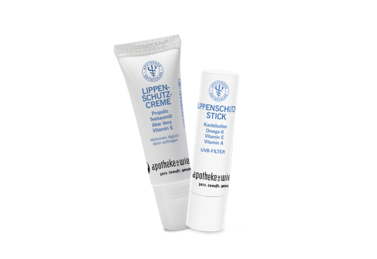 Lippenschutz-Creme und Lippenschutz-Stick in weißen Verpackungen, beide mit pflegenden Inhaltsstoffen.