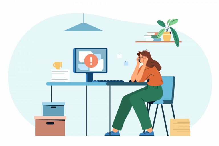 Eine gestresste Frau sitzt an einem Schreibtisch mit einem Computer, der eine Fehlermeldung anzeigt, umgeben von Unterlagen und Pflanzen.