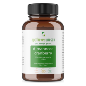 Braune Kunststoffflasche mit schwarzem Deckel, enthält D-Mannose-Cranberry-Pulver für die Gesundheit der Blase.