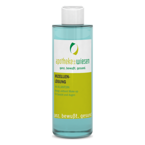 Flasche mit Mizellenlösung in Türkis. Label beschreibt die Anwendung zum Entfernen von Make-up für Gesicht und Augen.
