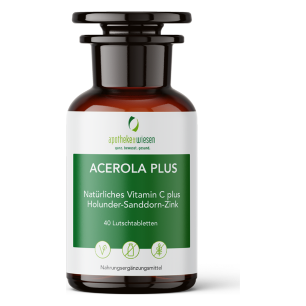 Braune Glasflasche mit schwarzem Deckel, etikettiert mit "Acerola Plus" und Inhaltsstoffen.
