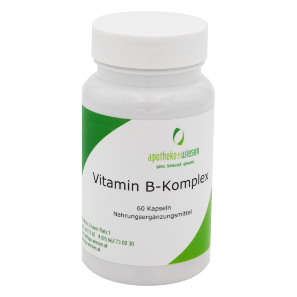 Weiße Flasche mit Schraubverschluss, beschriftet mit "Vitamin B-Komplex" und Nährstoffangaben.
