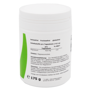 Weißer Behälter mit grüner Beschriftung, der Magnesiumcitrat als Nahrungsergänzungsmittel enthält.