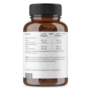 Braune Flasche mit Kapseln, Nährstoffangaben für Artischocken- und Mariendistelessenz auf dem Etikett.
