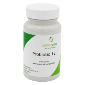 Weißer Flakon mit grünem Etikett, enthält Probiotic 12, Nahrungsergänzungsmittel in Kapsel-Form.