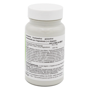 Weißer Flaschenbehälter mit grüner Etikettierung, beschriftet mit Inhaltsstoffen und Anwendungshinweisen für Kapseln.