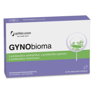 Packung mit 20 pflanzlichen Kapseln von GYNObioma, mit Angaben zu Inhaltsstoffen und glutenfreier, laktosefreier Formel.