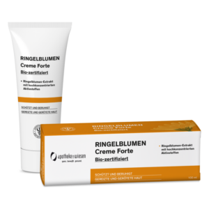 RINGELBLUMEN Creme Forte in einer Tube und Verpackung, mit Bio-Zertifizierung und beruhigenden Eigenschaften für gereizte Haut.