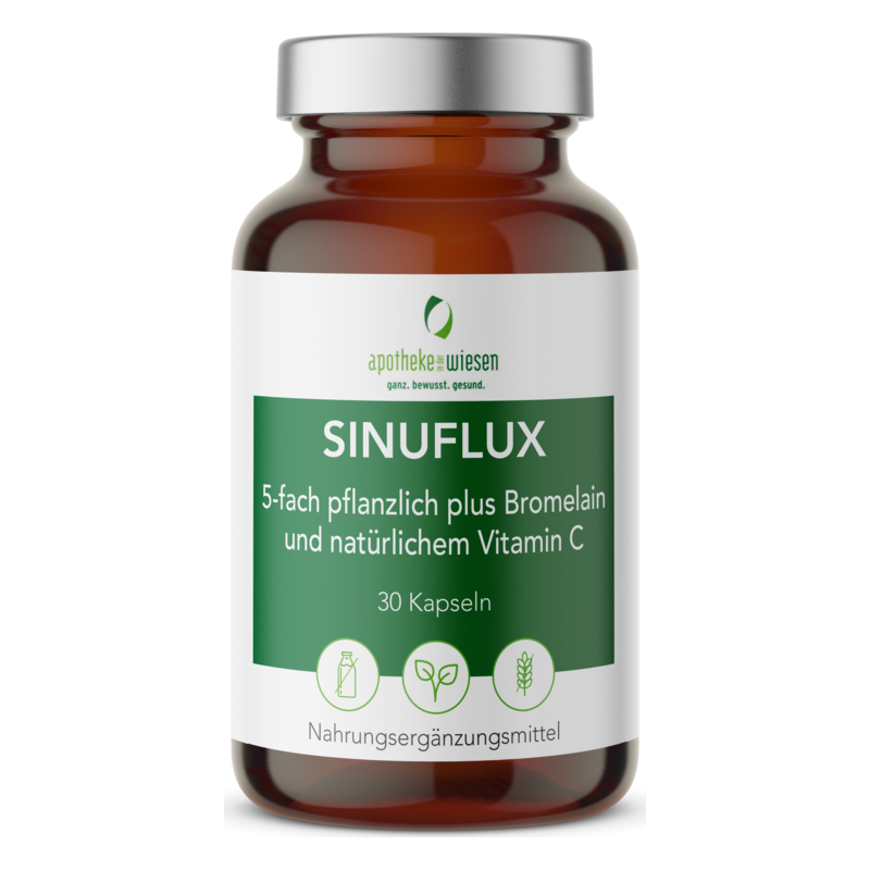 Braune Glasflasche mit grünem Etikett, enthält 30 Kapseln von SINUFLUX, einem pflanzlichen Nahrungsergänzungsmittel mit Bromelain und Vitamin C.