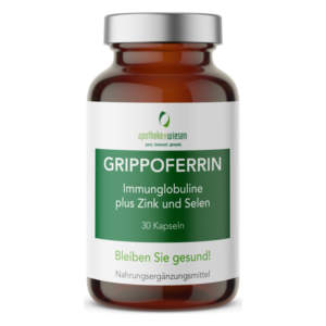 Braunes Glasfläschchen mit grauem Deckel, enthält Kapseln zur Unterstützung des Immunsystems mit Zink und Selen.