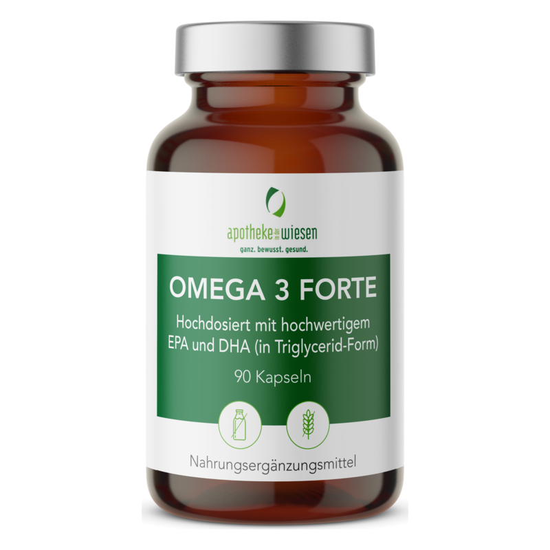 Braune Glasflasche mit einem silbernen Deckel, gefüllt mit Kapseln, bezeichnet als Omega 3 Forte, Nahrungsergänzungsmittel.