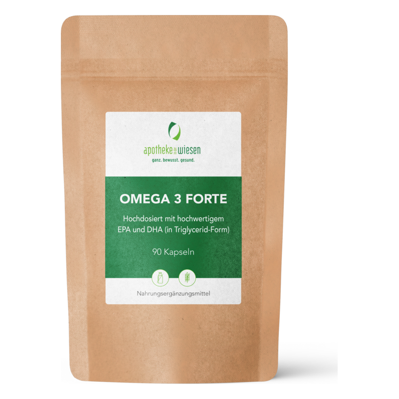 Verpackung von Omega 3 Forte Kapseln in einem braunen Beutel mit grünem Etikett und weißer Schrift.