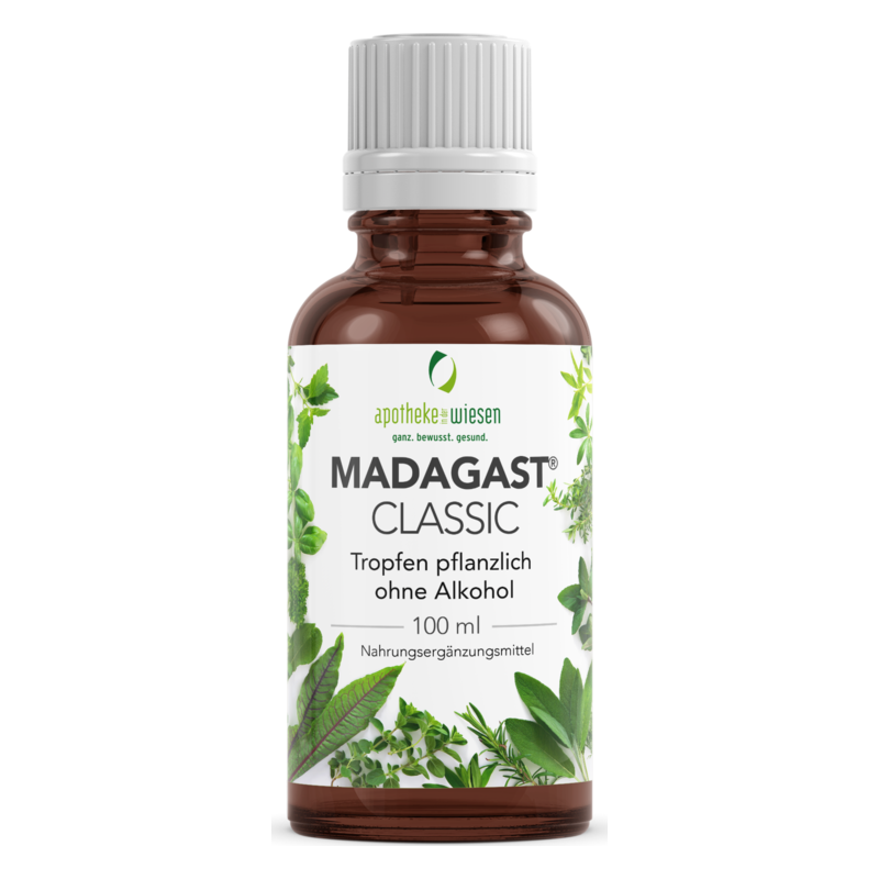 Braune Glasflasche mit weißem Deckel, Etikett zeigt den Produktnamen MADAGAST CLASSIC und pflanzliche Zutaten.