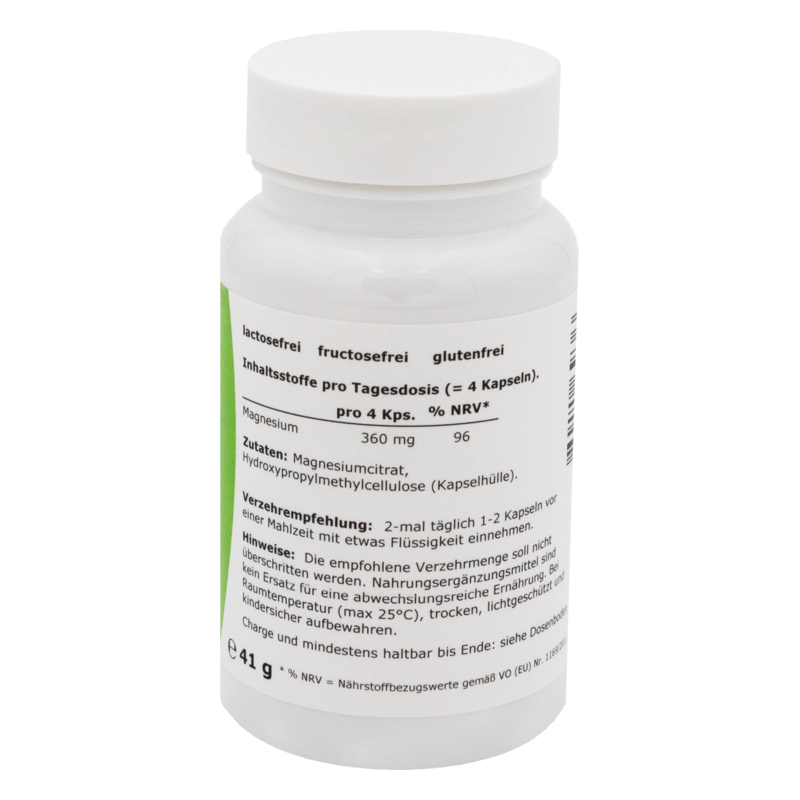 Weiße Kunststoffflasche mit Deckel, beschriftet mit Inhaltsstoffen und Einnahmeempfehlung für Magnesium-Kapseln.