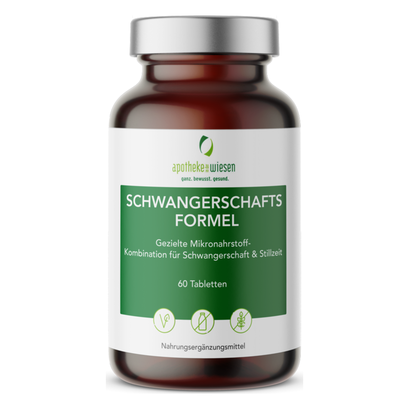 Braunes Glasfläschchen mit grünem Etikett, das Nahrungsergänzungsmittel für Schwangerschaft und Stillzeit enthält.