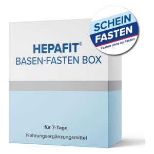 Verpackung der Hepafit Basen-Fasten Box für 7 Tage, mit einem Aufkleber für "Scheinfasten".