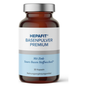 Braune Glasflasche mit silbernem Deckel, enthält Basenpulver Premium von Hepafit mit Zink, 30 Kapseln.