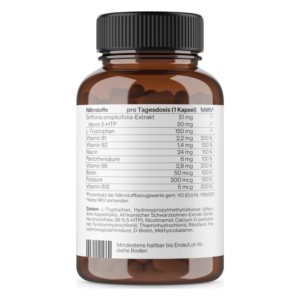 Braune Flasche mit Nahrungsergänzungsmittel, Aufschrift enthält Informationen zu Inhaltsstoffen und Verzehrempfehlung.