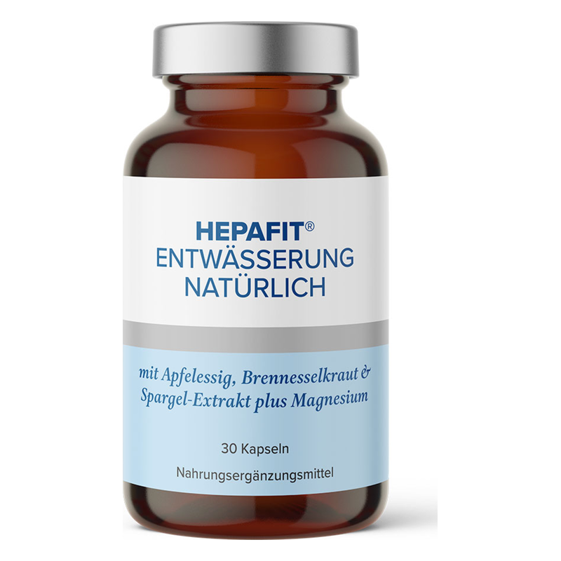 Transparente Flasche mit braunem Glas, Etikett mit der Aufschrift "HEPAFIT Entwässerung Natürlich", Kapseln enthalten.