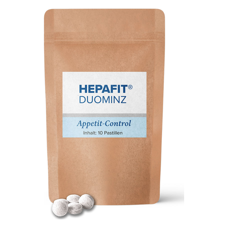 Verpackung von Hepafit Duominz mit der Aufschrift "Appetit-Control" und mehreren abgerundeten Pastillen daneben.