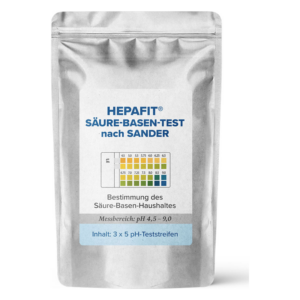 Silberne Verpackung eines Säure-Basen-Testsets mit pH-Teststreifen, enthält Anleitung und Messbereich von pH 4,5 bis 9,0.