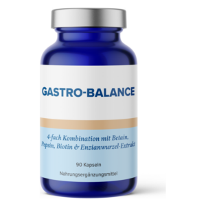 Blaues Nahrungsergänzungsmittel in einer Glasflasche mit silberner Kappe, beschriften mit 'GASTRO-BALANCE'.