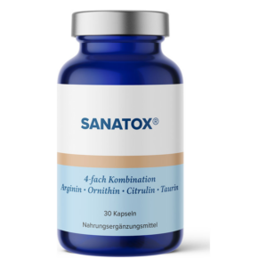 Blauer, runder Flakon mit silbernem Deckel, beschriftet mit "SANATOX® 4-fach Kombination" und Nährstoffangaben.