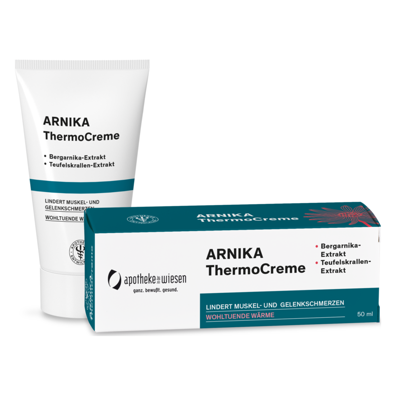 Arnika ThermoCreme in einer Tube und einer Packung, lindert Muskel- und Gelenkschmerzen mit Bergarnika- und Teufelskralle-Extrakt.
