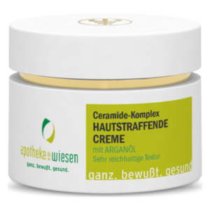 Weiße Cremedose mit goldenen Akzenten, beschriftet mit "Hautstraffende Creme mit Arganöl" und Apothekenlogo.