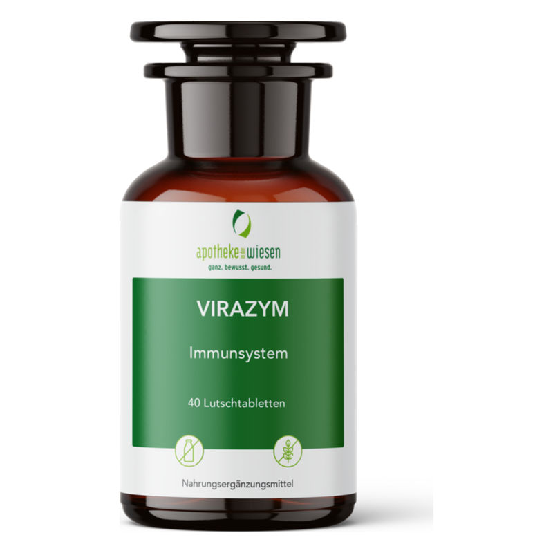 Braune Flasche mit schwarzem Deckel, beschriftet mit 'VIRAZYM Immunssystem', enthält Nahrungsergänzungsmittel in Tablettenform.