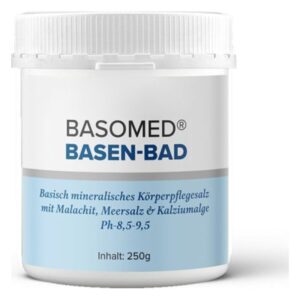 Behälter mit BASOMED BASEN-BAD, einem basischen mineralischen Körperpflegesalz in weißer Verpackung mit blauer Schrift.