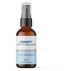 Braune Sprühflasche mit schwarzem Sprühkopf, beschriftet mit 'HEPAFIT APPETIT-BALANCE', 50 ml, alkoholfrei und vegan.