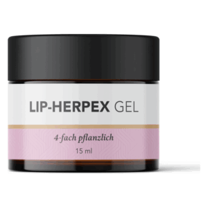 Rundes Glasgefäß mit schwarzem Deckel, enthält Lip-Herpex Gel, 15 ml, pflanzliche Inhaltsstoffe.