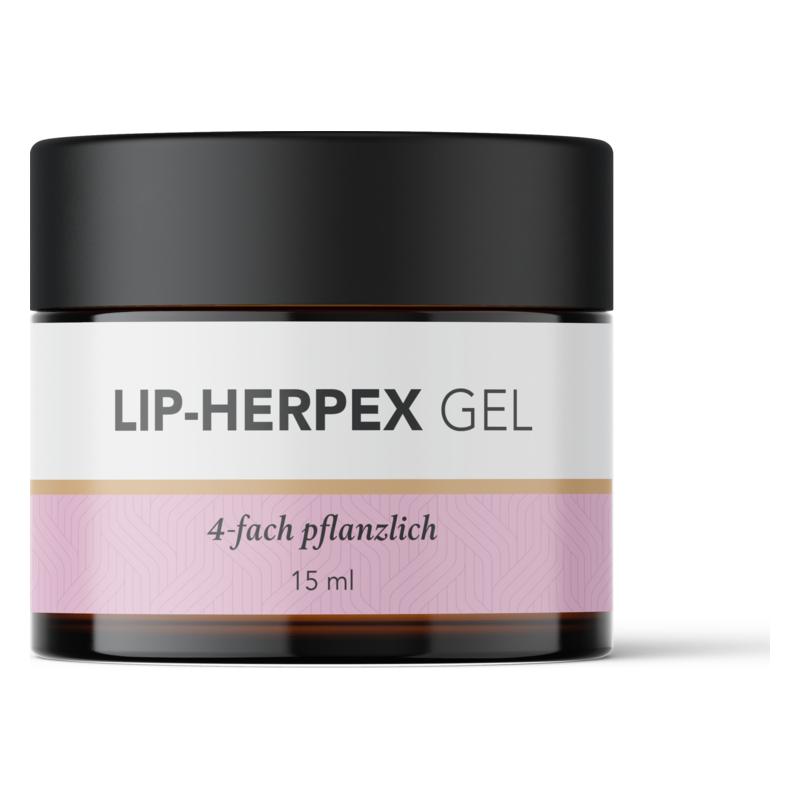 Rundes Glasgefäß mit schwarzem Deckel, enthält Lip-Herpex Gel, 15 ml, pflanzliche Inhaltsstoffe.