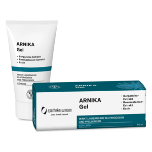Arnika-Gel in einer Tube und einer Verpackung, wirksam gegen Blutergüsse und Prellungen, kühlend.