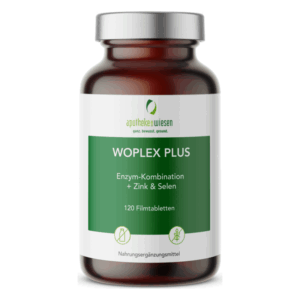 Braune Flasche mit silbernem Deckel, etikettiert mit "WOPLEX PLUS" und Informationen zu Inhaltsstoffen und Menge.