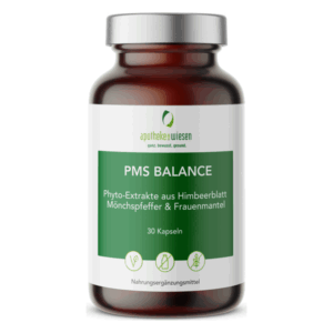 Braune Glasflasche mit schraubbarem Deckel, beschriftet mit "PMS BALANCE" und enthaltenen Phyto-Extrakten.