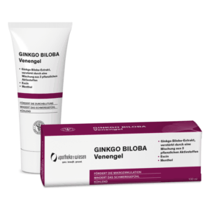 Ginkgo Biloba Venengel in einer Tube und Verpackung, fördert die Durchblutung und hat kühlende Eigenschaften.