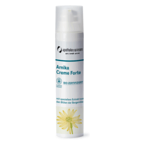 Arnika Creme Forte in pumpbarer Verpackung mit gelber Blume auf dem Etikett, bio-zertifiziert.