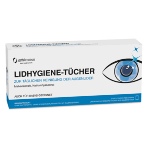 Packung mit Lidhygiene-Tüchern zur täglichen Reinigung der Augenlider, enthält Malvenextrakt und Natriumhyaluronat.