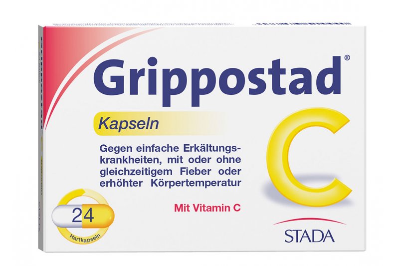 Grippostad-Kapseln_24er.jpg Verpackung von Grippostad C Kapseln zur Behandlung von Erkältungen, mit Hinweis auf Vitamin C.