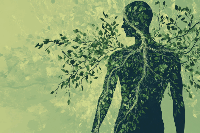 Menschliche Silhouette mit verzweigten Pflanzen und Blättern, die organisch miteinander verschmelzen.