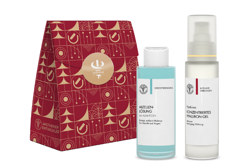 Kosmetikset in einer rot-goldenen Verpackung mit Mizellen-Lösung und Hyaluron-Gel.