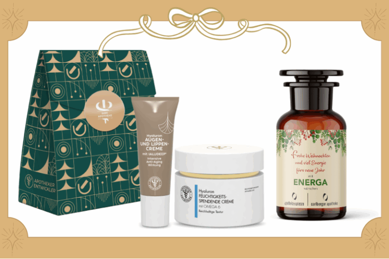 Ein Geschenkset mit einer Augencreme, einer Feuchtigkeitscreme und einer Flasche mit Pflegeprodukt, verpackt in einer dekorativen Box.