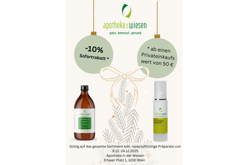 Weihnachtsbonus_2025.png Werbung für Apotheke mit einem Rabatt von 10% auf bestimmte Produkte, inklusive zwei abgebildeten Flaschen und Feiertagselementen.