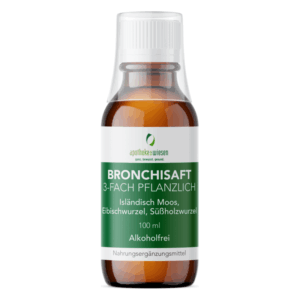 Braune Glasflasche mit grün-weißer Etikettierung, Inhalt Bronchisaft, pflanzlich, alkoholfrei, 100 ml.